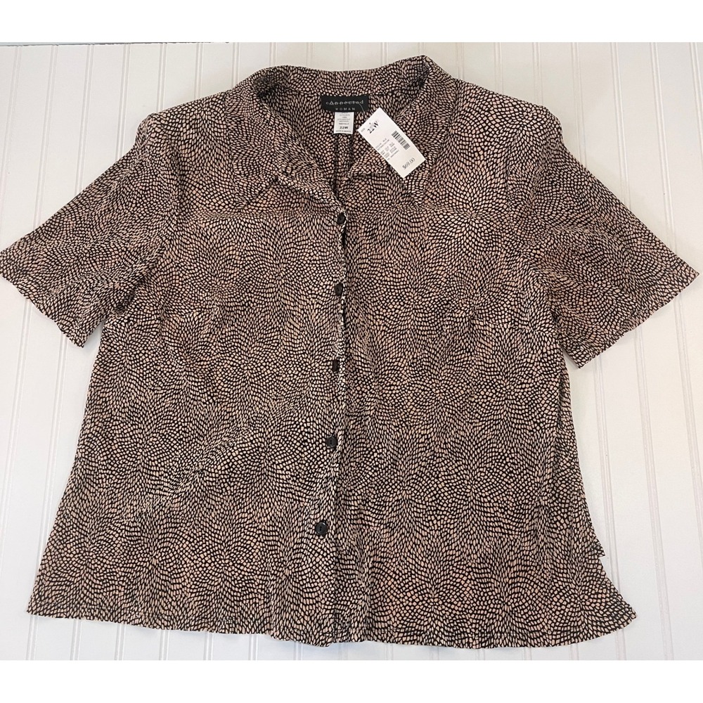 NWT Connected Woman Textured Patterned Pleated Button Down Top Shoulder Pads 22W